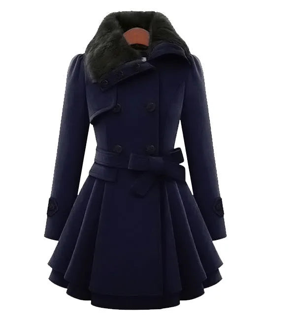 Navy blue double-breasted coat with dark faux fur collar and bow-tied belt, front view