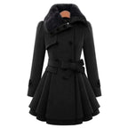 Black double-breasted coat with faux fur collar, cinched waist and layered peplum-style hem