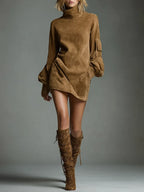 Front view of model wearing a tan suede mini dress with polo neck, balloon sleeves and matching lace-up suede boots