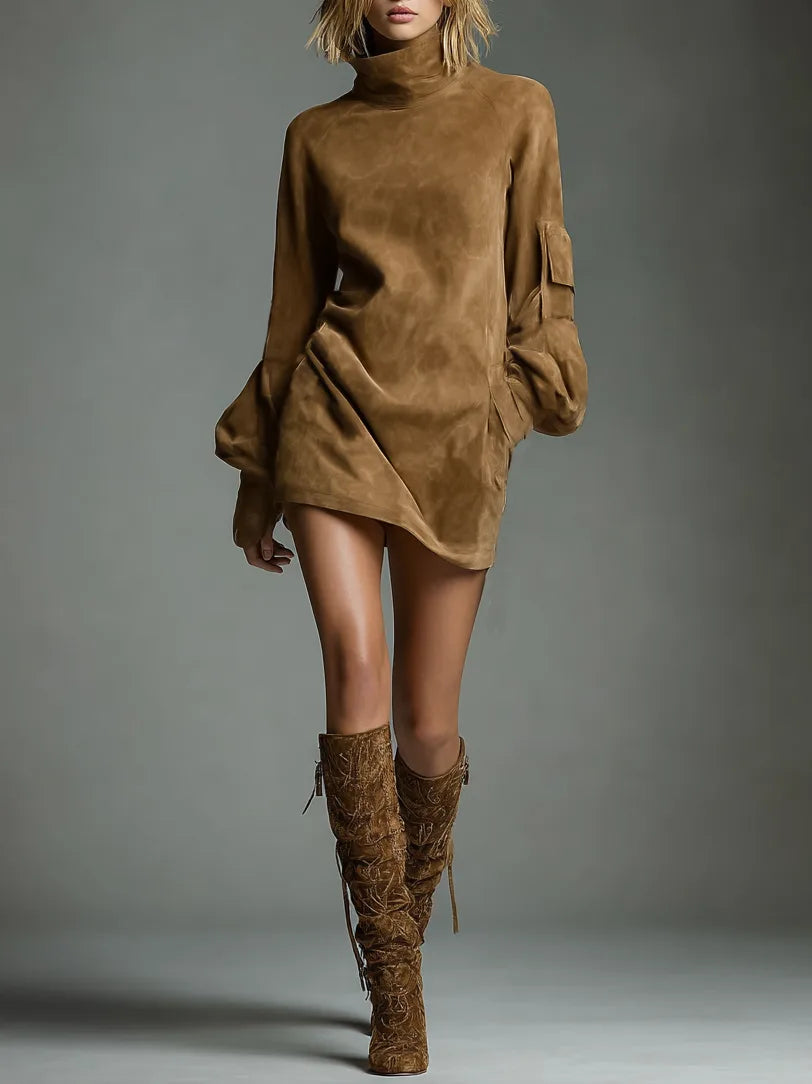 Front view of model wearing a tan suede mini dress with polo neck, balloon sleeves and matching lace-up suede boots