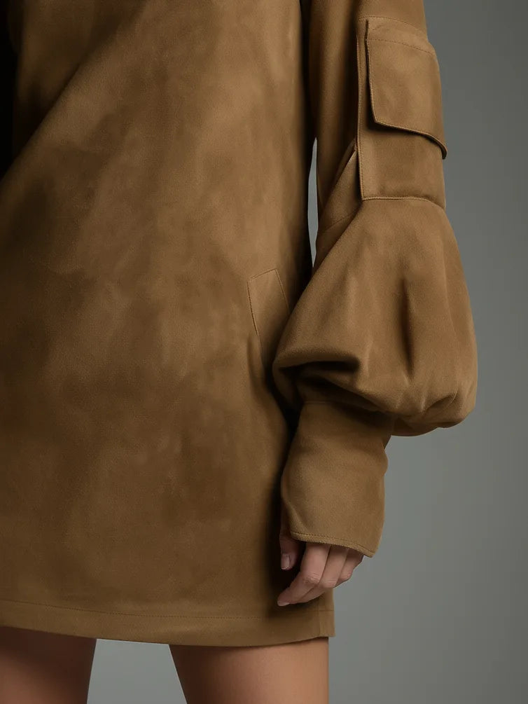 Detail shot of the cargo-style pocket on the balloon sleeve cuff and the hip pocket of the tan suede dress