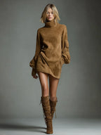 Front view of a model in a camel suede mini dress with high collar, voluminous sleeves and knee-high suede boots