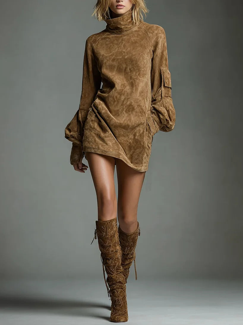 Full-length front view highlighting the textured suede finish, polo neck and loose fit of the mini dress