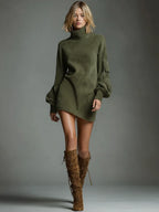 Alternate front angle of the charcoal grey suede polo neck mini dress with balloon sleeves and sleeve pocket