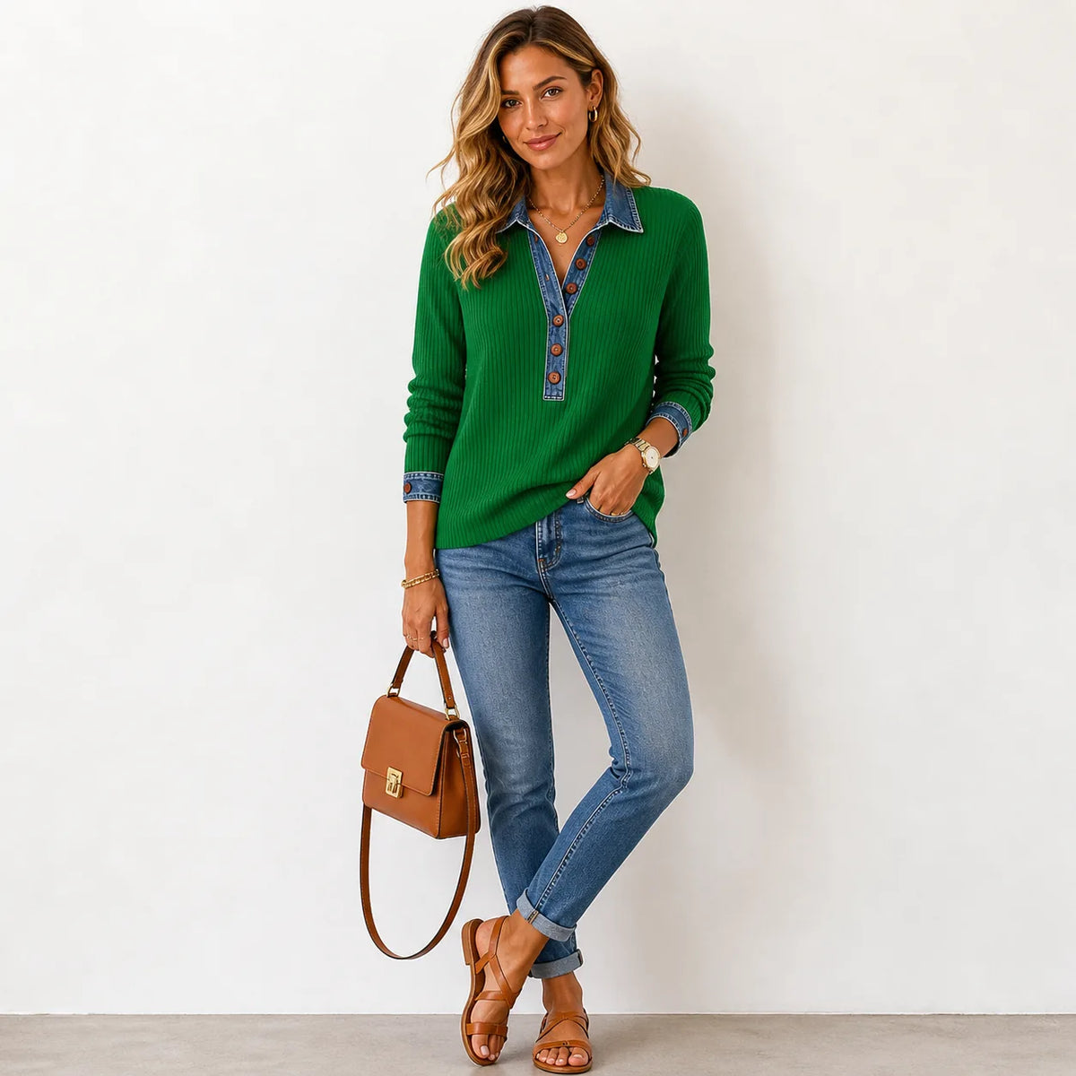 Front view of a green ribbed knit henley jumper with denim trim collar and button placket, styled with jeans and a tan handbag