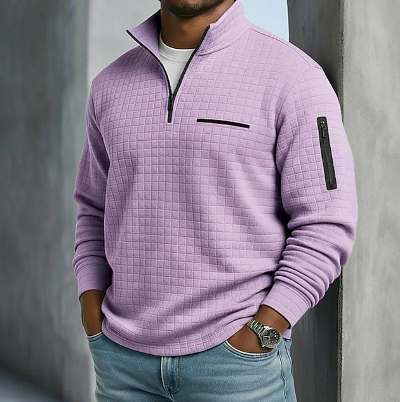 Close-up of a lilac purple textured quarter-zip jumper showing the stand collar and black zip pull detail