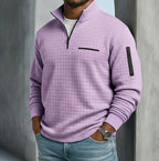 Close-up of a lilac purple textured quarter-zip jumper showing the stand collar and black zip pull detail