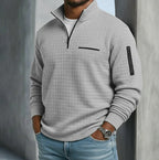 Light grey textured quarter-zip pullover with zip sleeve pocket and stand-up collar