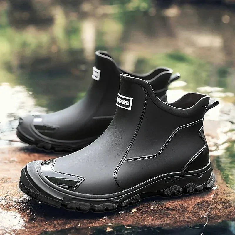 Side view of black rubber chelsea rain boot with textured sole and elastic side panel on wet stone