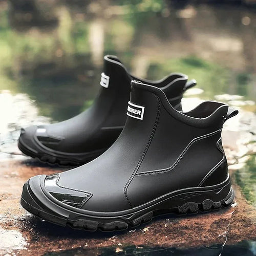 Side view of black rubber chelsea rain boot with textured sole and elastic side panel on wet stone