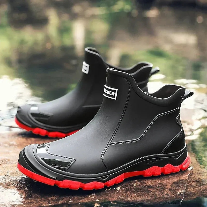 Black and red chelsea rain boots with contrasting red tread sole and toe guard