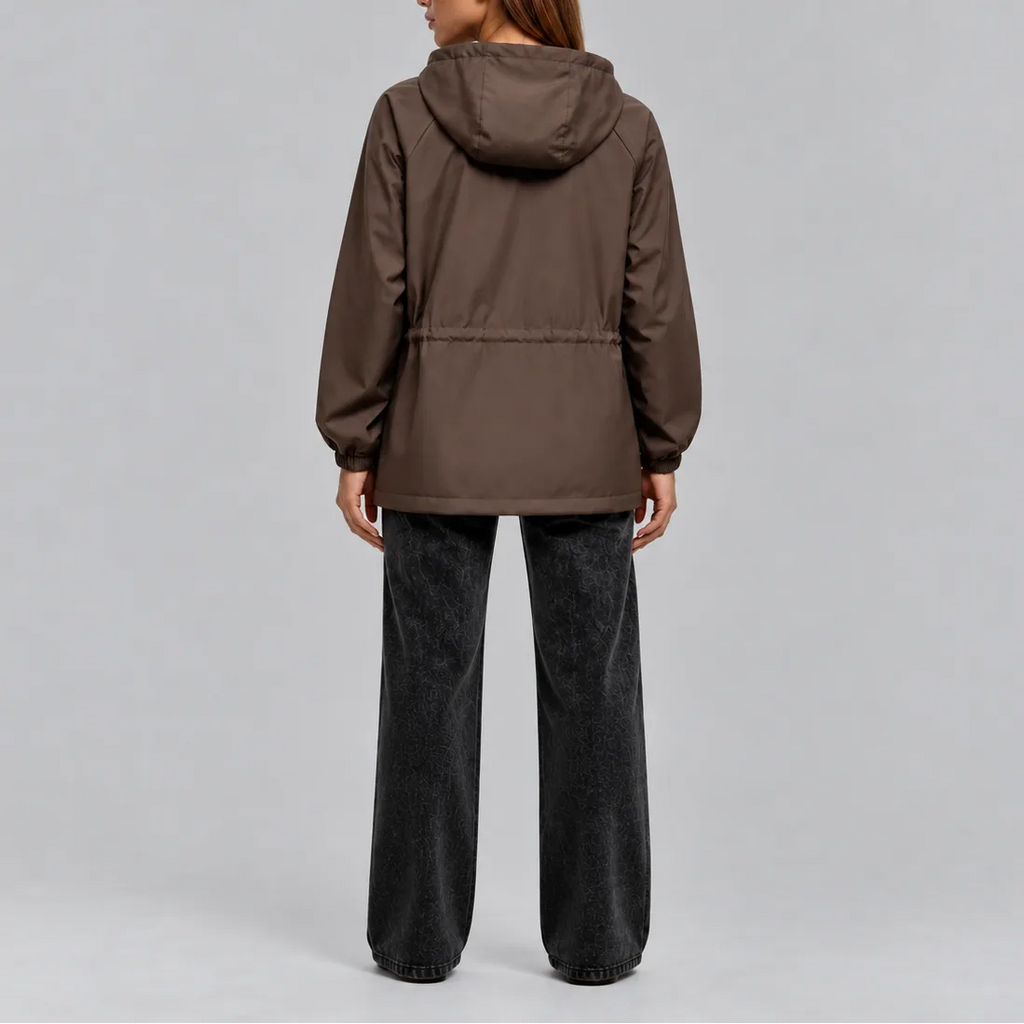 Back view of the brown hooded jacket showing the elasticated drawstring waist and relaxed silhouette