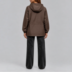 Back view of the brown hooded jacket showing the elasticated drawstring waist and relaxed silhouette