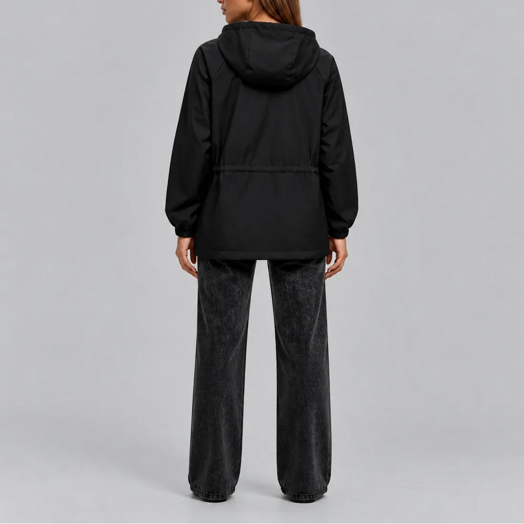 Back view of the black hooded jacket showing the drawstring waist and elasticated cuffs