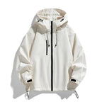 Front view of an off-white hooded jacket with black zip, drawstring hood and adjustable hem toggles