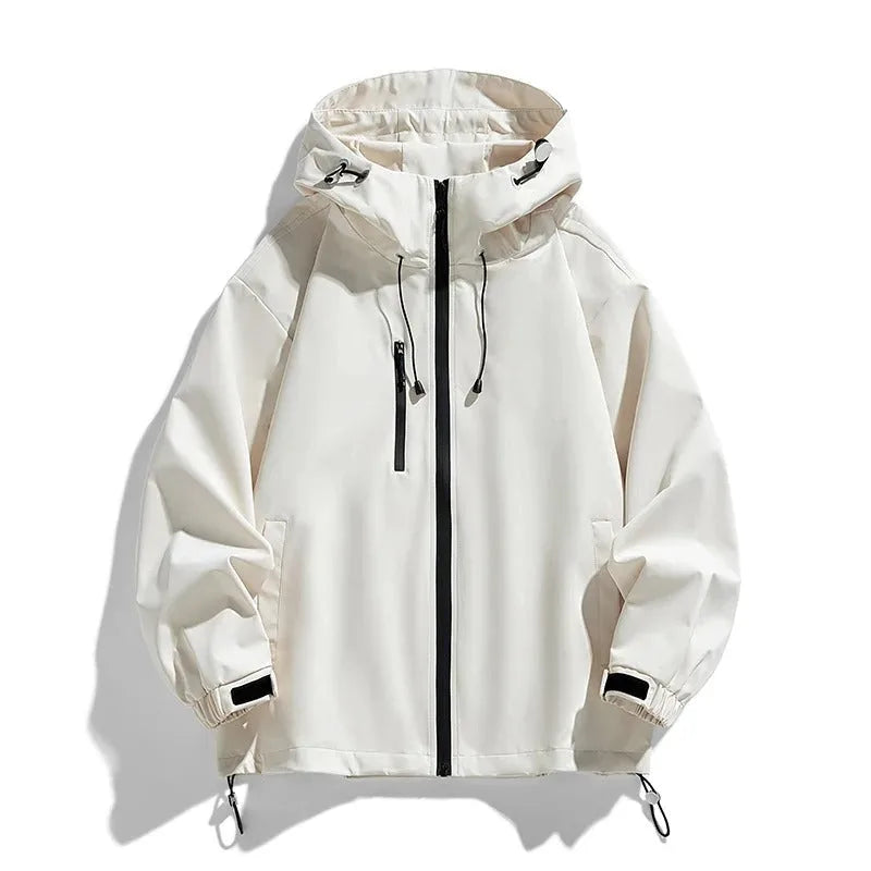 Front view of an off-white hooded jacket with black zip, drawstring hood and adjustable hem toggles