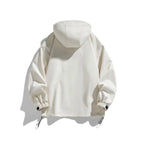 Back view of the off-white hooded jacket showing the plain back panel and drop shoulder seams