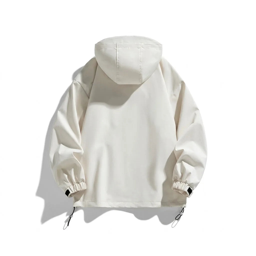 Back view of the off-white hooded jacket showing the plain back panel and drop shoulder seams