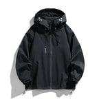 Front view of a black hooded jacket with zip fastening, drawstring hood and side pockets