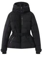 Front view of a black quilted puffer ski jacket with hood, zippered chest pocket and adjustable waist belt