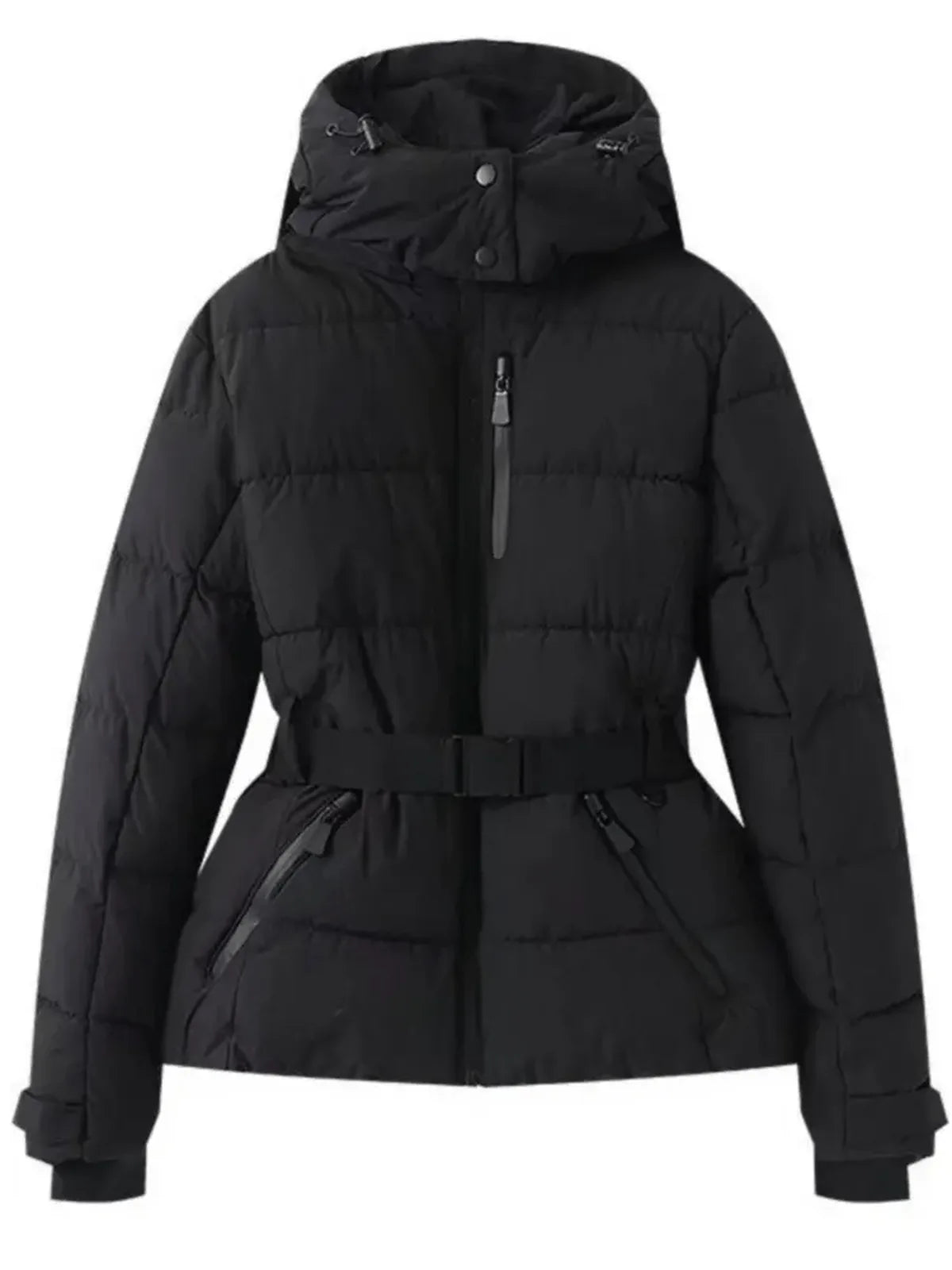 Front view of a black quilted puffer ski jacket with hood, zippered chest pocket and adjustable waist belt