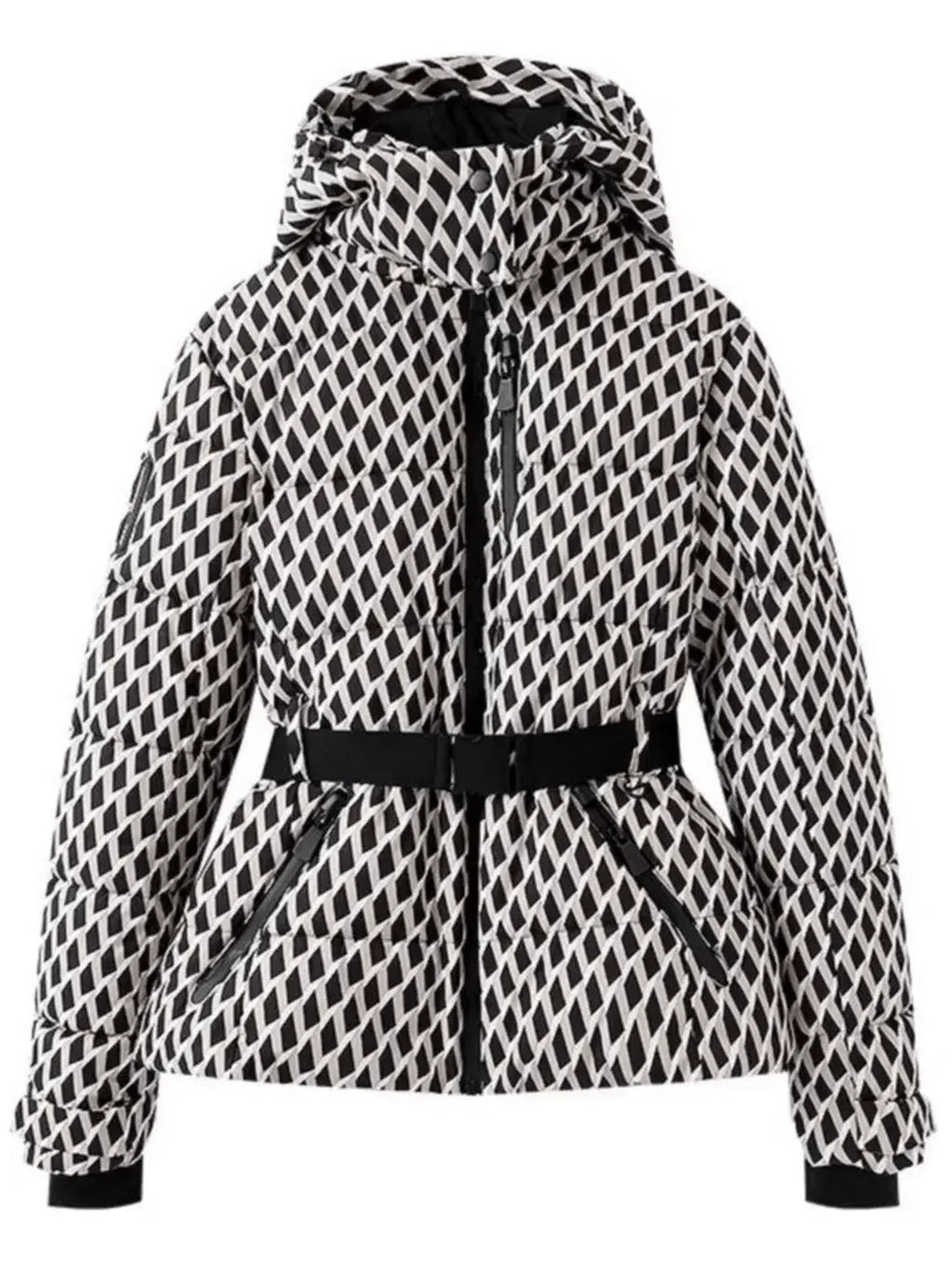 Black and white diamond print belted puffer ski jacket with hood and zippered pockets, shown flat