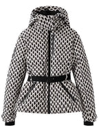 Black and white diamond print belted puffer ski jacket with hood and zippered pockets, shown flat