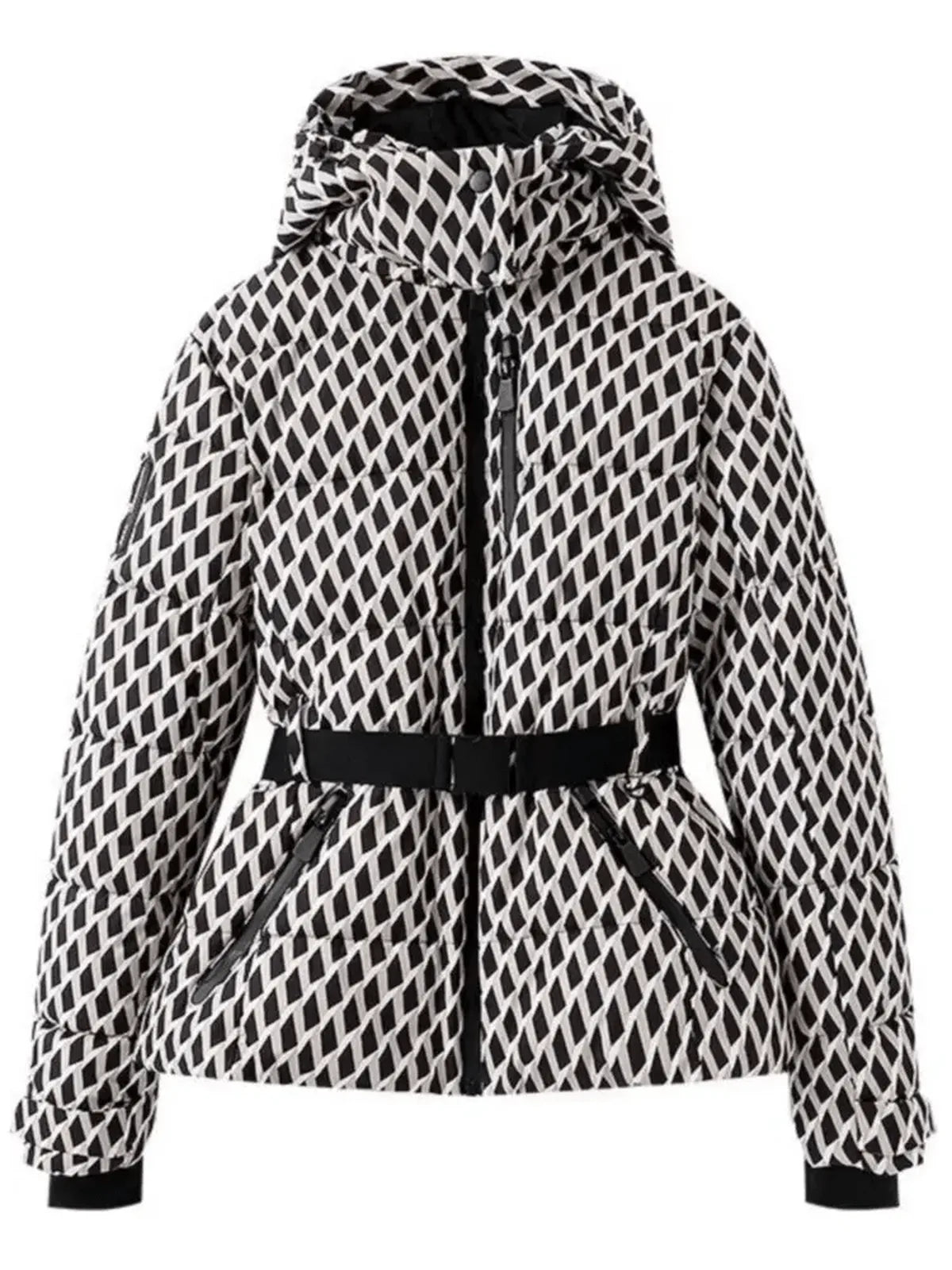 Black and white diamond print belted puffer ski jacket with hood and zippered pockets, shown flat