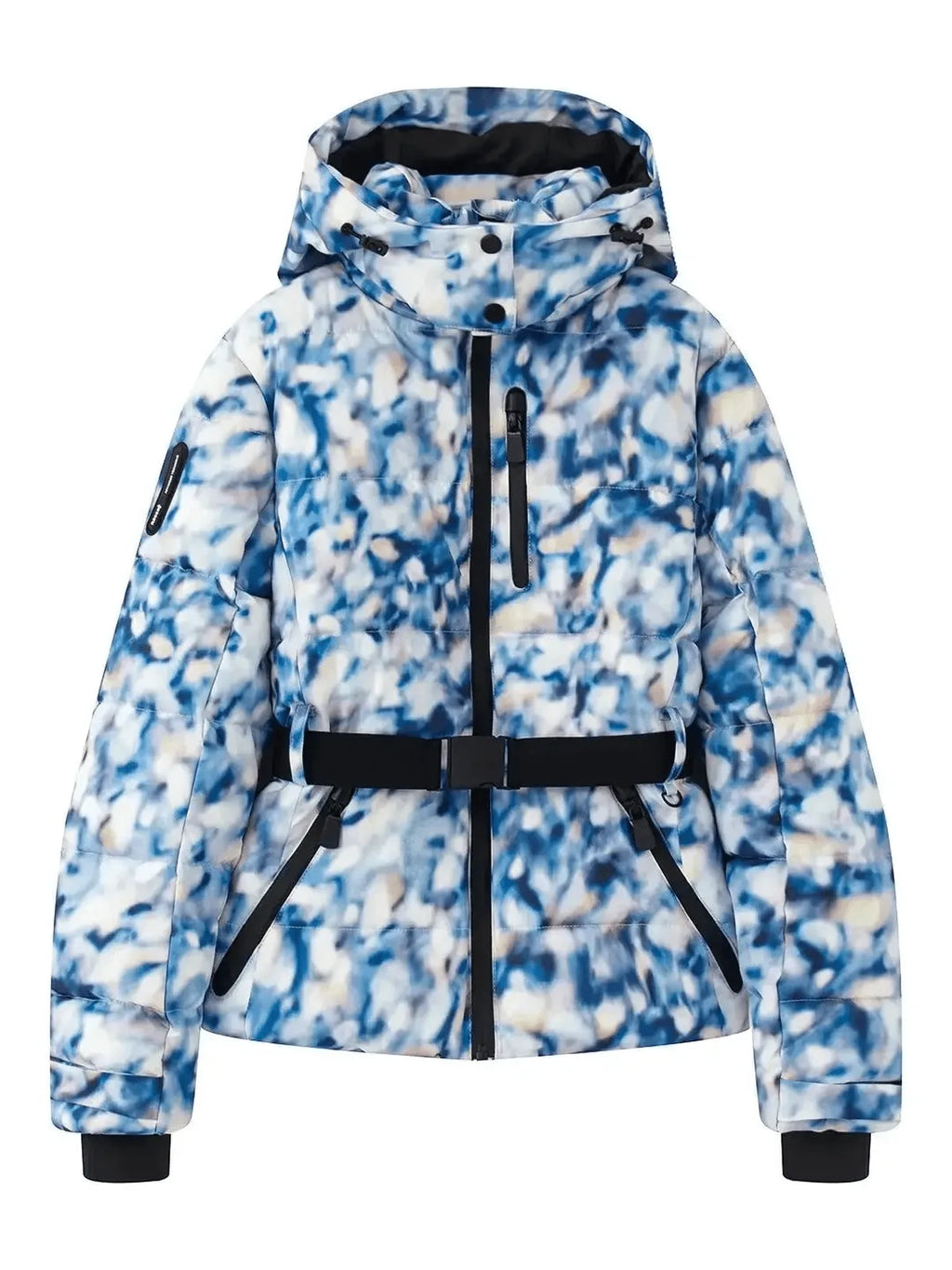 Blue, white and cream abstract print belted puffer ski jacket with hood and zippered chest pocket, shown flat