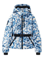 Blue, white and cream abstract print belted puffer ski jacket with hood and zippered chest pocket, shown flat
