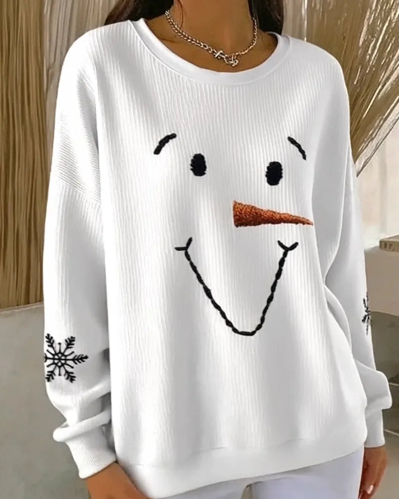 Close-up of the embroidered snowman face with black eyes, brows, smile and an orange carrot nose on ribbed white fabric
