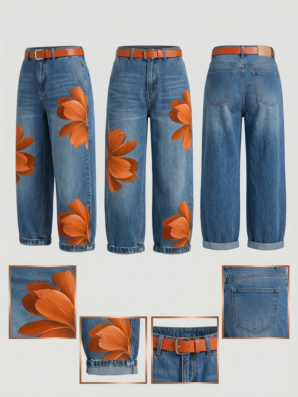 Front, side and back flat lay of the wide leg denim trousers with orange floral print, worn with a tan belt, plus close-up detail shots of the print, hem, belt loop and back pocket