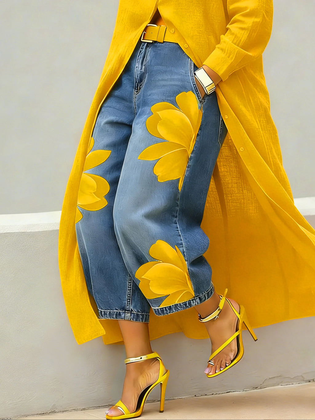 Yellow floral print denim wide leg trousers styled with a matching yellow duster coat and yellow strappy heeled sandals