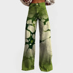 Front view of high-waisted wide-leg green tie-dye jeans with an abstract marbled pattern and button fly.