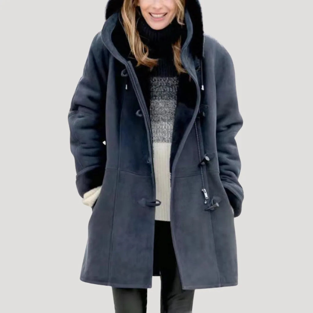 Navy duffle coat with dark fleece-lined hood, drawstring toggles and zipped side pocket detail