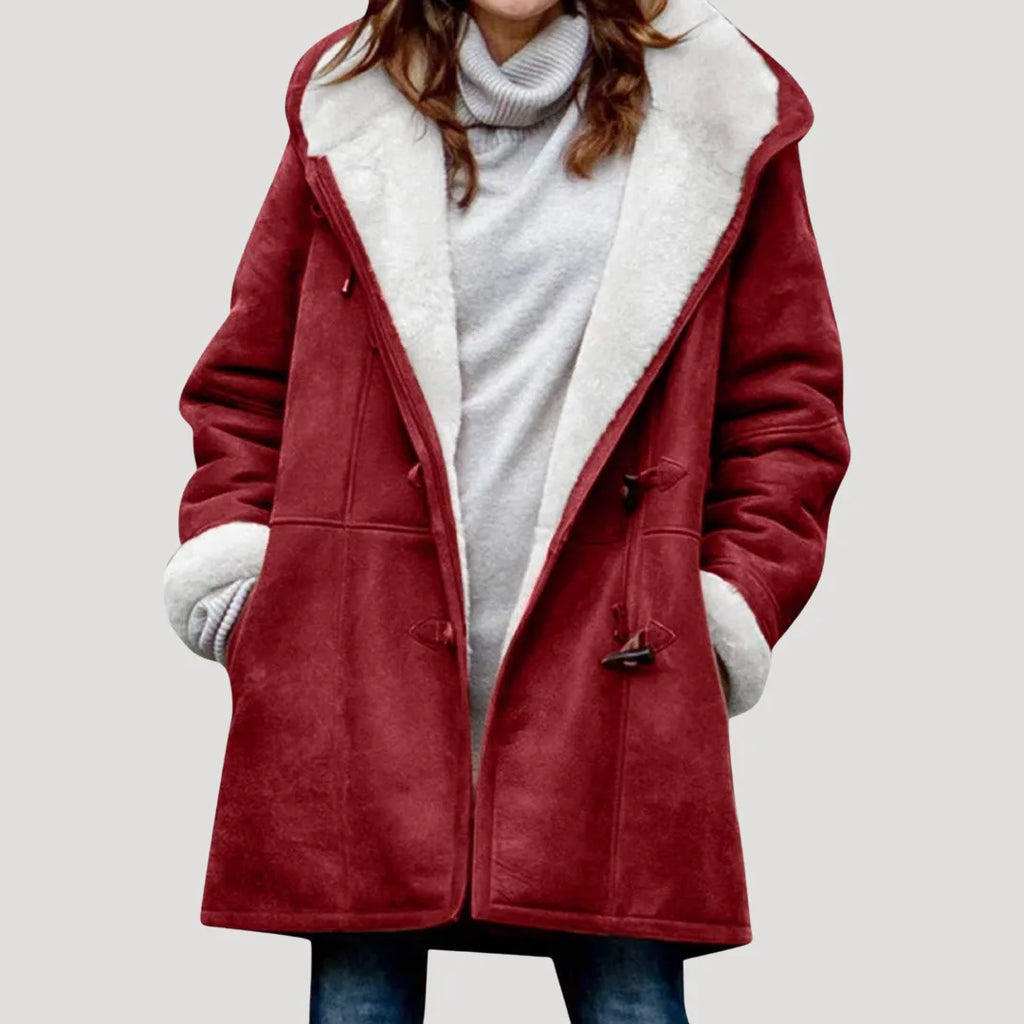 Burgundy red duffle coat with cream borg lining, toggle fastenings and long sleeves, worn open at the front