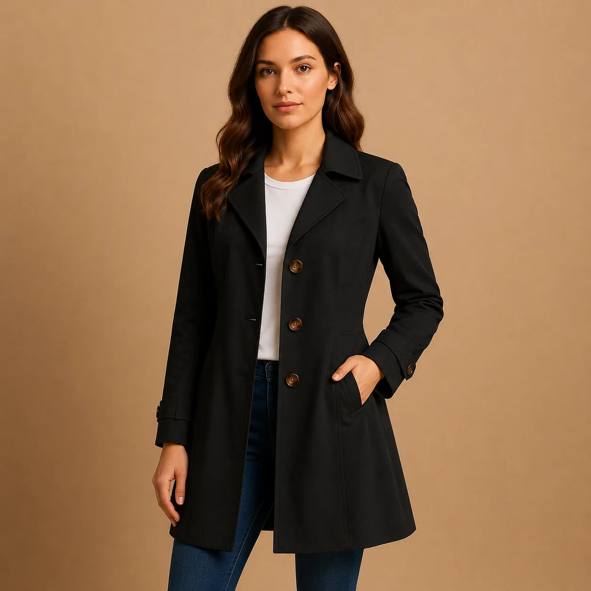 Front view of a black single-breasted trenchcoat with notch collar, three brown buttons and side pockets, worn over a white top and jeans