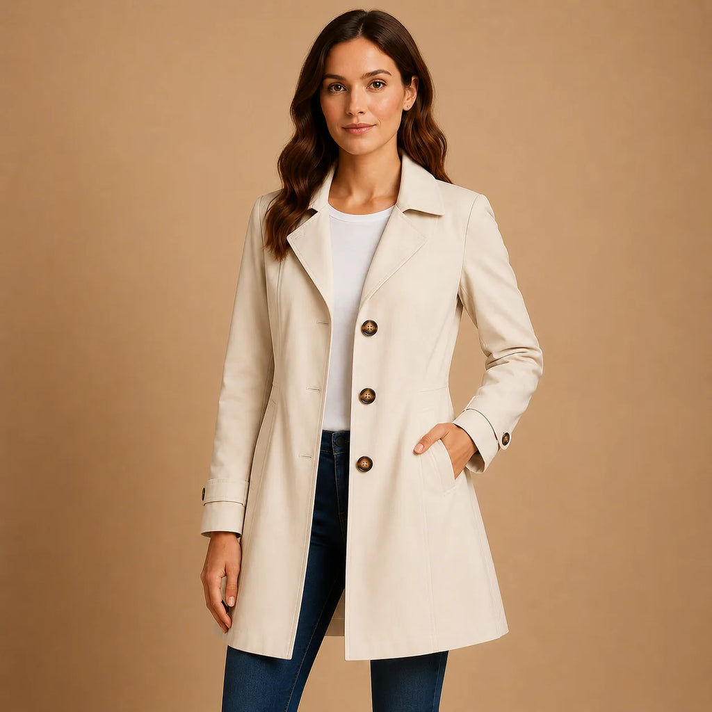 Ivory button-front trenchcoat with notch lapel and welt pockets, shown on a model paired with a white tee and denim jeans