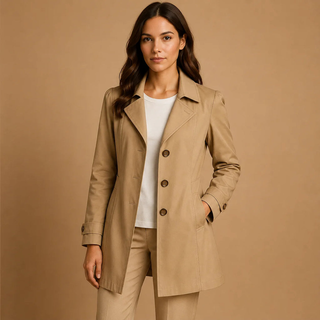 Khaki tailored trenchcoat with tortoiseshell buttons and fitted waist, styled over a white top and matching trousers