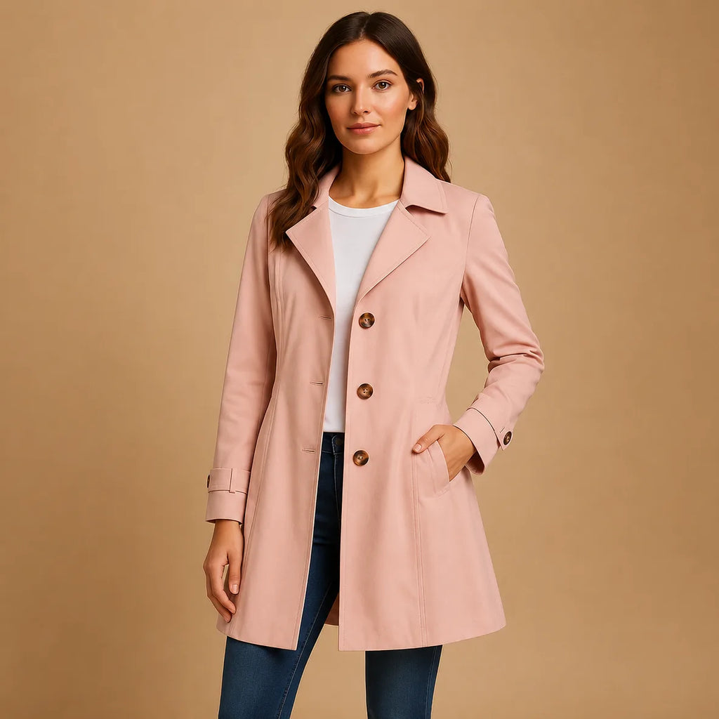 Pink button-front trenchcoat with notch collar and side pockets, worn with a white t-shirt and dark denim jeans