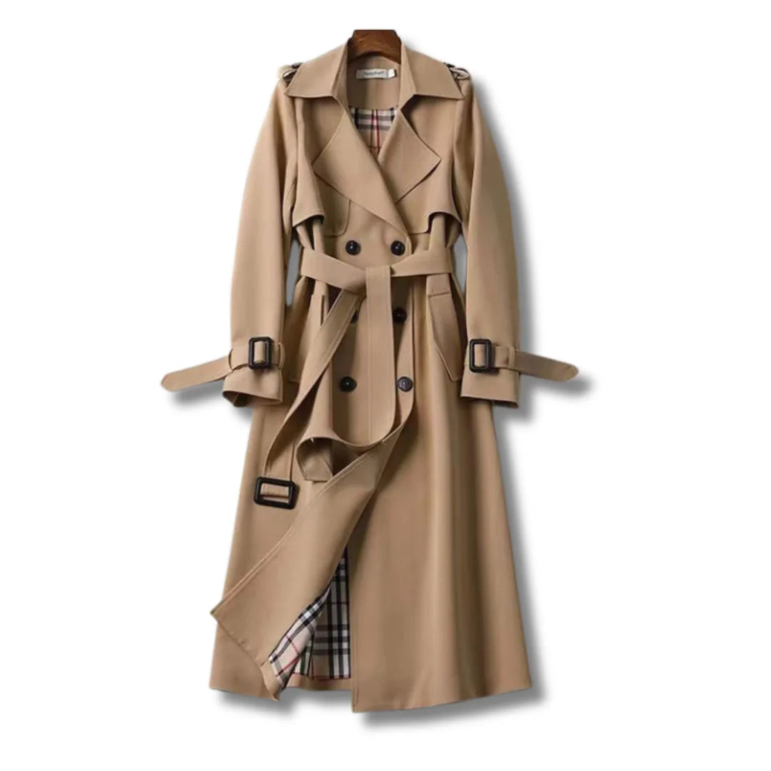 Camel double-breasted trench coat with belted waist and checked lining, shown on a wooden hanger