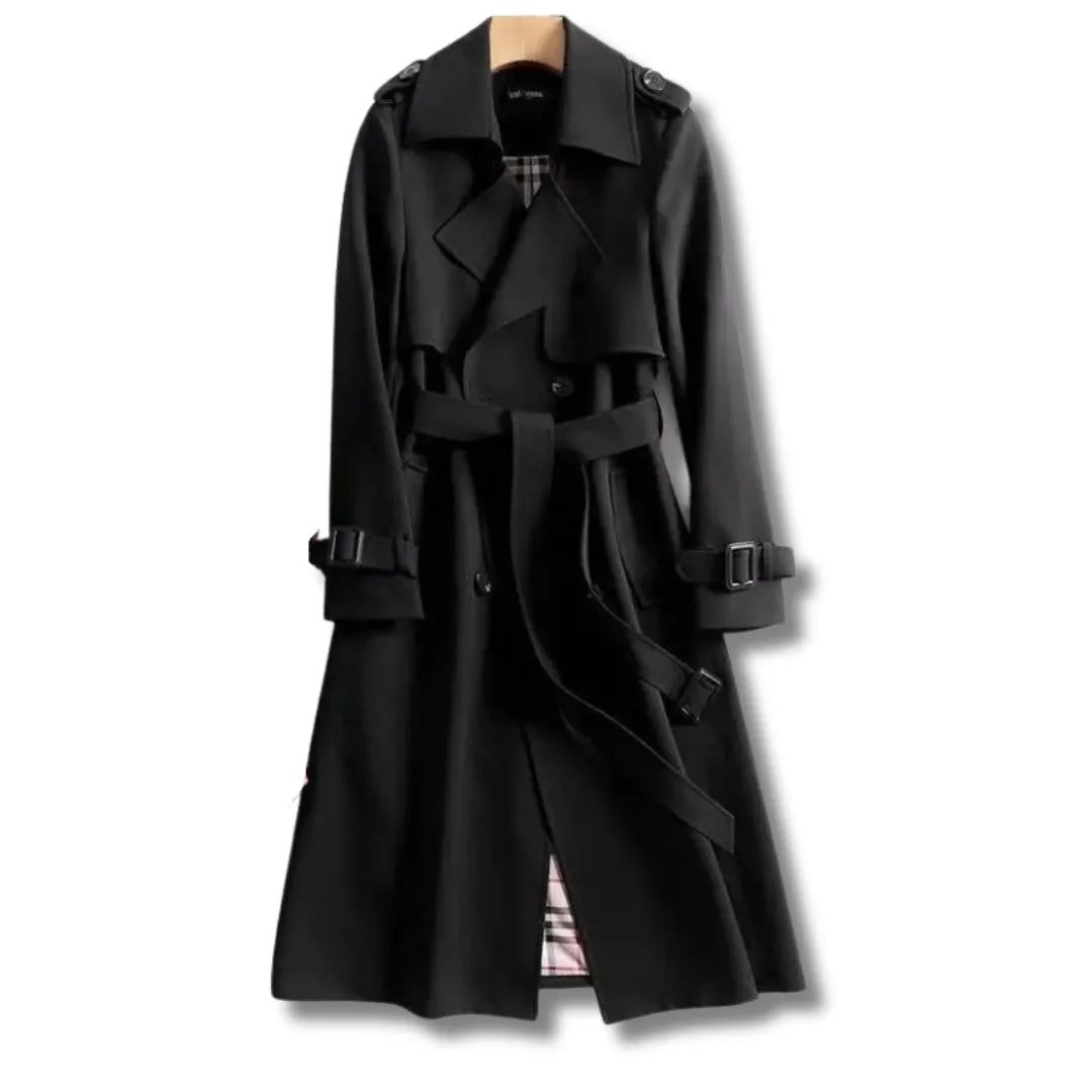 Black double-breasted trench coat with belted waist and checked lining peeking at the hem