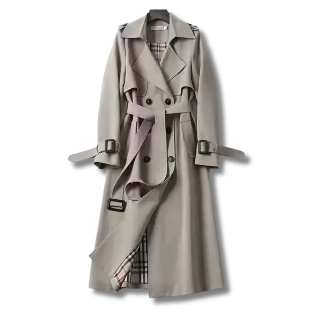Light grey trench coat with buckled cuffs and matching fabric belt, full front view