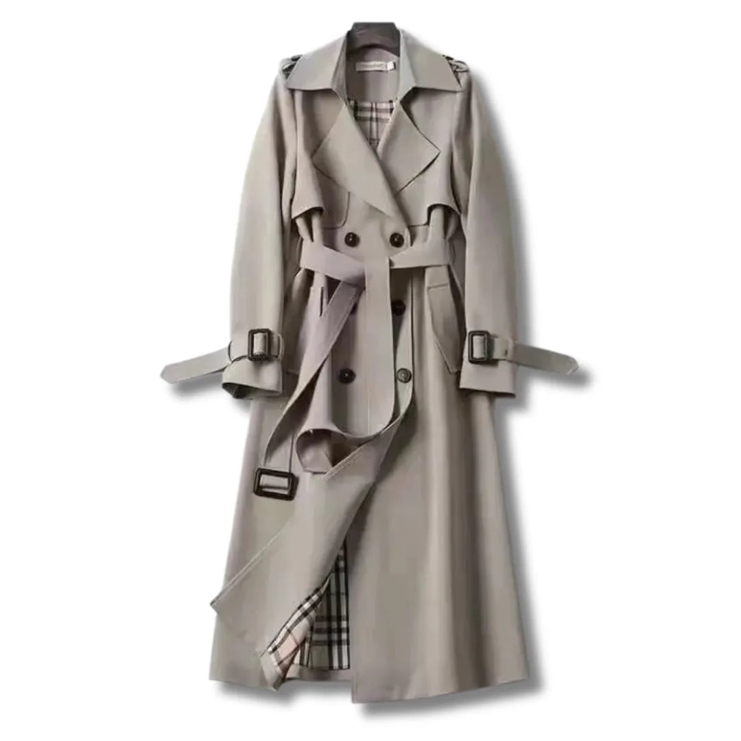 Light grey trench coat with buckled cuffs and matching fabric belt, full front view