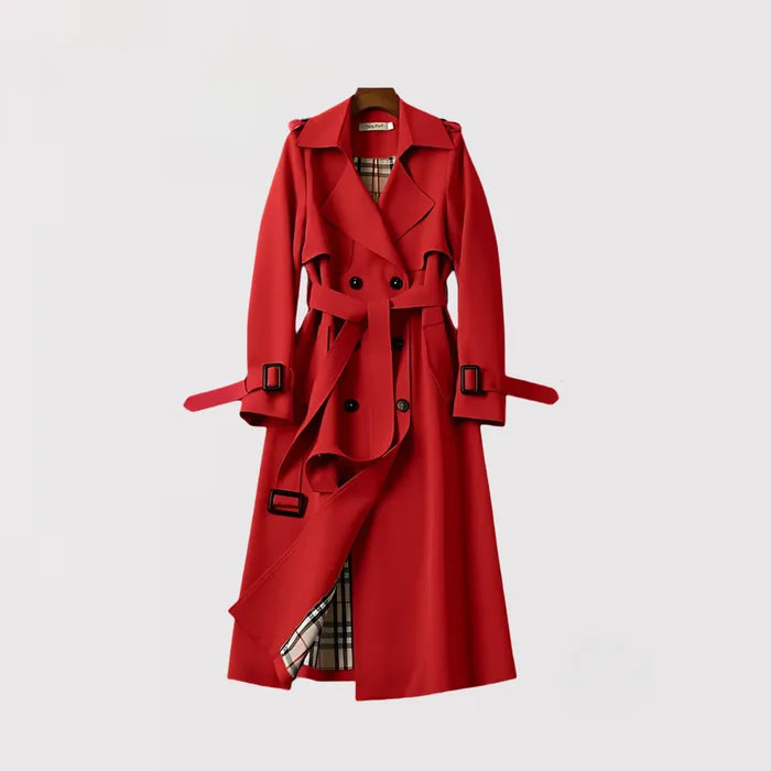 Red double-breasted trench coat with wide collar and self-tie waist belt, front view