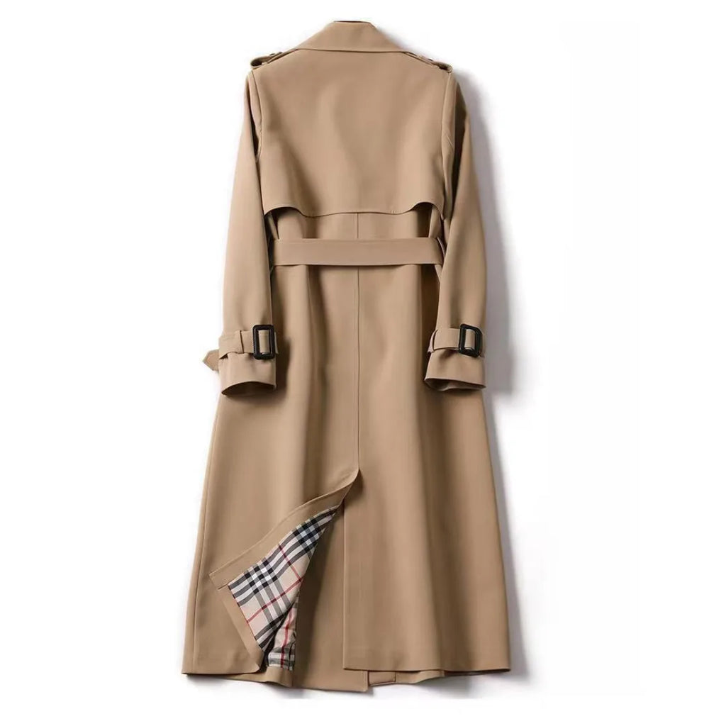 Camel trench coat back view showing the belted waistline and long straight silhouette
