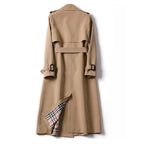 Camel trench coat back view showing the belted waistline and long straight silhouette