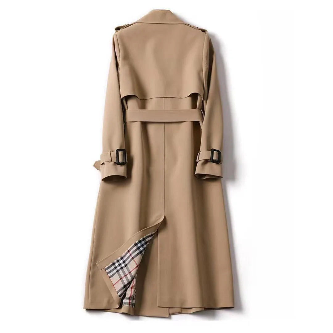 Camel trench coat back view showing the belted waistline and long straight silhouette