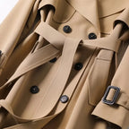 Close-up front view of a camel trench coat highlighting the notched lapel and shoulder epaulette
