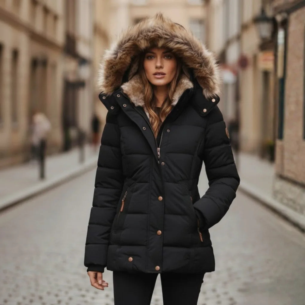 Woman wearing a black hooded puffer jacket with faux fur trim, styled with black trousers on a cobbled street